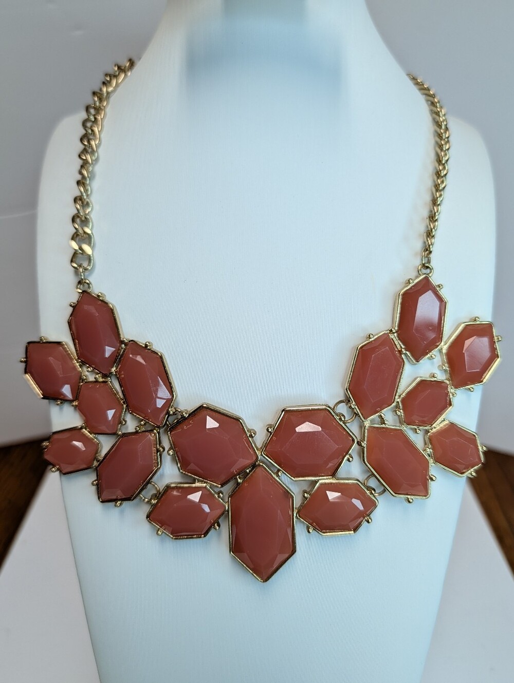 Gold-Tone Large Faceted Geometric Stone Statement Necklace